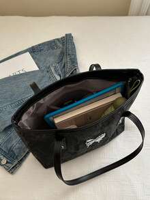 大容量欧美跨境字母蝴蝶结图案托特包女格纹休闲单肩包适合大学生返校 - 黑色 - 查看 6