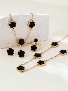 1 Set de Joyas de Flor de Trébol de Moda: Pulsera de Metal, Collar, Aretes, Anillo, Brazaletes, Elegante y Versátil para Mujeres