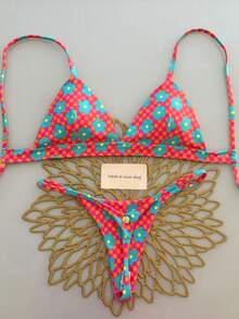 Set de 2 piezas Traje de baño de mujer con estampado floral y diseño de cordones en la espalda, para vacaciones, playa, escenarios, conciertos, verano - Multicolor - Ver 6