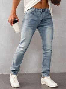 Pantalones vaqueros ajustados para hombre de color azul claro, tela transpirable y cómoda, ideales para estilos casuales urbanos - Lavado ligero - Ver 2