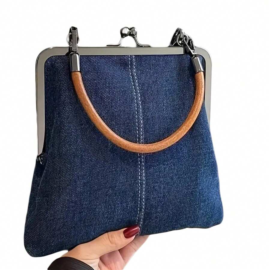Women's Denim Crossbody Tote Handbag With Kiss Lock Clasp Vintage Coin Purses Bag For Outdoor Portable Beach Wedding - 深藍色 - 查看 1