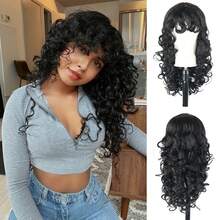 Curly Wig With Bangs For Women Black Long Cruly With Wispy Bangs, Synthetic Hair 24inch Curly Fringe Wig With Bangs Shag Wigs Retro Hairstyle With Curls 80s Wigs For Women(24inch 1B#) - 黑色 - 查看 1