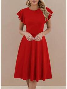 Women's Semi-Formal Ruffle Sleeve V-Back Work Fit And Flare Cocktail Knee Length Dress With Pockets, 2025 Style - 紅色 - View 5