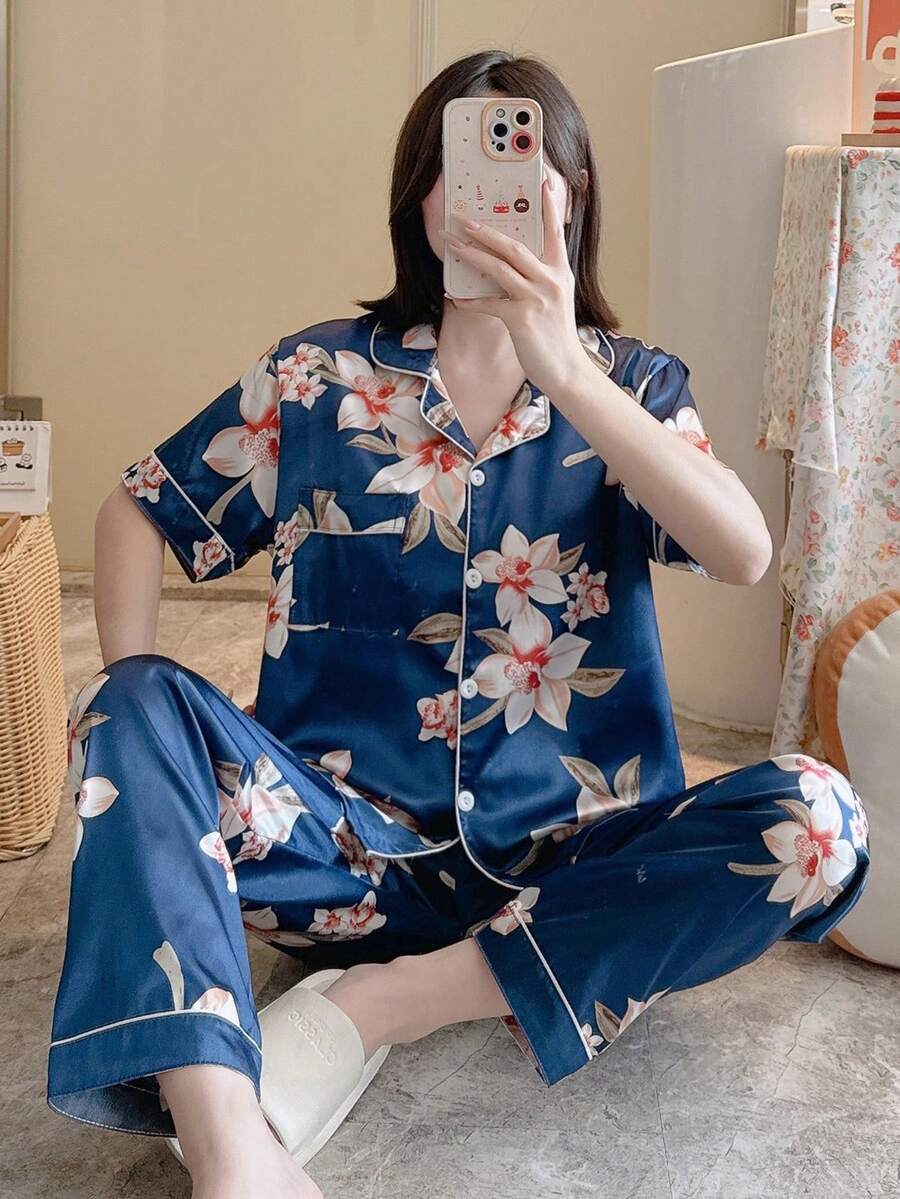 Conjunto de pijama de seda satinada para mujer, pijama de manga corta con botones y pantalón largo, conjunto de pijama de dos piezas, talla M-L - Azul - Ver 1