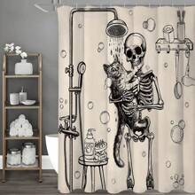 1pc - Polyester - Funny Skull Skeleton Shower Curtain Set, Vintage Halloween Gothic Weird Bone Shower Horror Waterproof Shower Curtain With 12 Hooks, Modern Home Decor