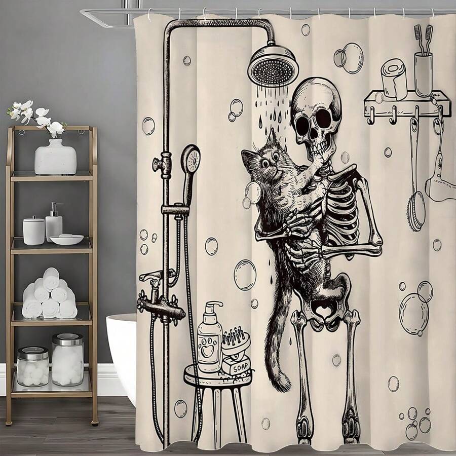 1pc - Polyester - Funny Skull Skeleton Shower Curtain Set, Vintage Halloween Gothic Weird Bone Shower Horror Waterproof Shower Curtain With 12 Hooks, Modern Home Decor