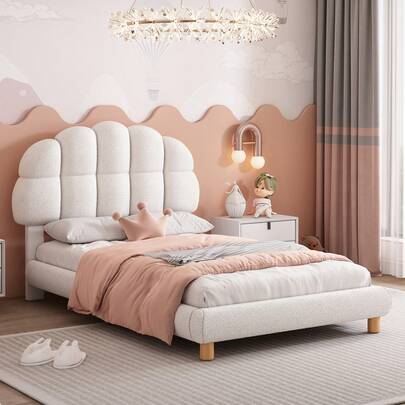 Sairedel 90x200cm Single Bed, Children's Bed, Youth Bed, Upholstered Bed, Wooden Slatted Frame, Circular Fleece, White