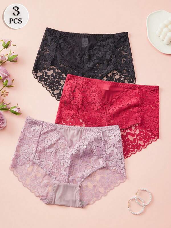 3PCS Sexy Lace Lingerie Fashion Women's Triangle Underpants Thin Breathable Panties Spring And Summer Casual Panty Solid Color Home Women's Underwear Mid Waist Elastic Panties For Women Black Red Purple Briefs