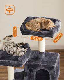 Arbre à Chat Hauteur 143 cm, Tour de Jeux pour Chat, avec 11 Poteaux à Griffer, 2 Plateformes, 1 Niche, 1 Hamac, 2 Pompons, en Tissu Peluche, Plusieurs Niveaux, Gris foncé - Gris foncé - Voir 2