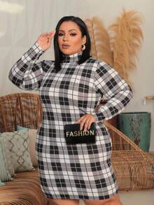 Women's Plus Size Dress Long Sleeve High Neck Elegant Premium Ribbed Fabric - 黑與白 - 查看 2