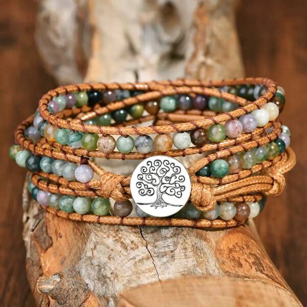Bohemian Natural Stone Bracelet, 3-Layer Wrapped Agate Stone Bead Bracelet, Handmade Yoga Beaded Bracelet, Vintage Multi-Layer Wrap Around Bracelet