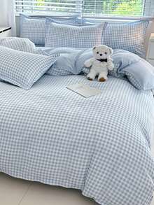 四件套（1件被套+1件床单+2件枕套）宿舍床上用品，柔软磨毛超细纤维，亲肤透气，360°防滑包裹，不含荧光增白剂，适合裸睡，保暖耐用，不易褪色，抗菌 - 心動藍 - 查看 3