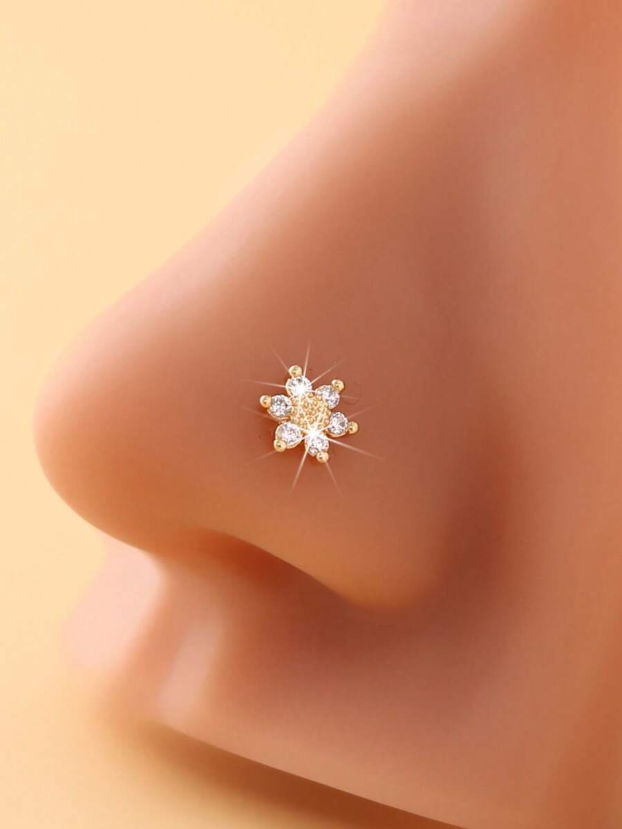 1 件花形鼻环，镶嵌方晶锆石的鼻环，可爱优雅的女士鼻环饰品