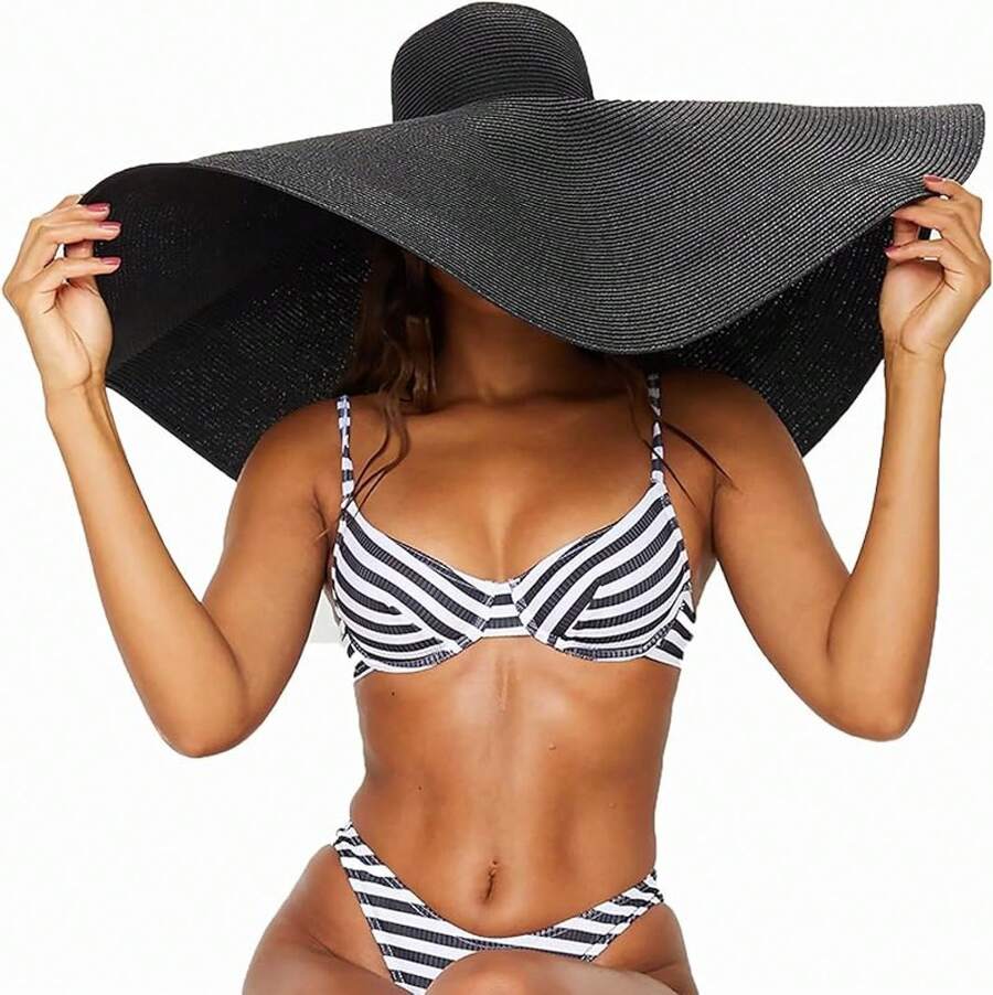 Oversized Beach Straw Hats For Women Extra Large Wide Brim Beach Hat Foldable Roll Up Floppy Sun Hat - 黑色 - 查看 1