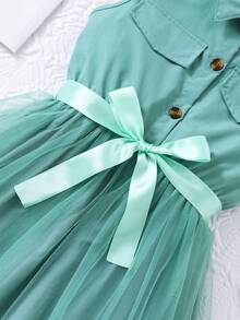 Young Girl' Solid Color Sleeveless Collared Mesh Dress With Fabric Belt - Green - View 5