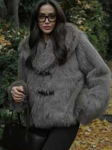 Women Elegant Faux Fur Winter Coat Solid Turn Down Collar Long Sleeves Thick Coats Woman Long Sleeve Loose Warm Jacket