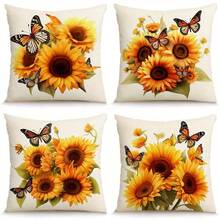 4pcs Sunflower & Butterfly Printed Pillow Covers, 100% Polyester, Hand Wash Only, Zipper Closure, Fabric Decorative Pillowcases For Home And Office, Suitable For Various Rooms - Multicolor - View 8