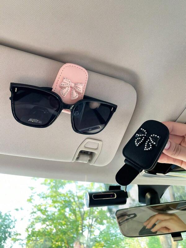 1pc Car Sunglass Clip With Rhinestone Bowknot, PU Leather Car Visor Clip For Storing Sunglasses, Bills, Tickets