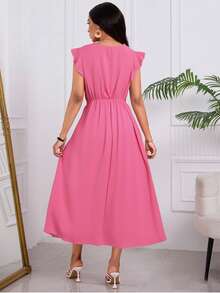 Elegante Vestido Largo Para Mujer Bordado Calado Con Mangas De Hojas De Loto,Vestido Unicolor De Empalme De Encaje Con Cuello En V Y Hueco De Talle Alto - Rosa Fucsia - Ver 2