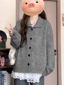 女士灰色翻领针织开衫，休闲宽松长袖毛衣上衣，秋冬 - 灰色 - 查看 1