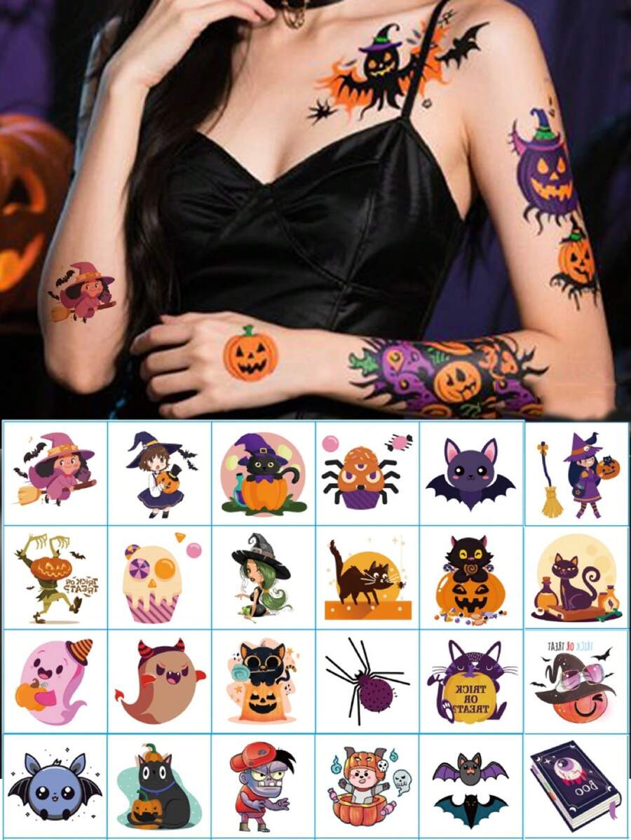 30 片万圣节防水纹身贴纸 | 可爱卡通图案、搞笑小鬼和南瓜图案、手臂背部身体临时贴纸、派对必备节日礼物不错之选
