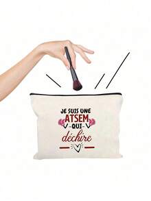 1 件“我是世界上最好的 Atsem”法式图案化妆包 - 轻便可折叠洗漱用品收纳袋，带拉链封口，防褪色旅行化妆包，男女教师节礼物（白色），洗漱用品旅行包，时尚拉链袋，防褪色材质，耐用拉链封口旅行必需品假期暑假返校学校用品包女士旅行包化妆包