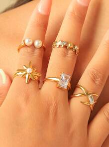 1pc Elegant & Feminine Stainless Steel Plated Gold Ring With Pearl, Crystal & Geometric Line Decor, Suitable For Women's Everyday Wear, Casual Gatherings With Friends
