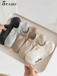 5双女款多色组合黑白灰卡通小熊刺绣春夏百搭款针织透气面料ins风少女风隐形船袜居家通勤派对运动上学节日礼物
