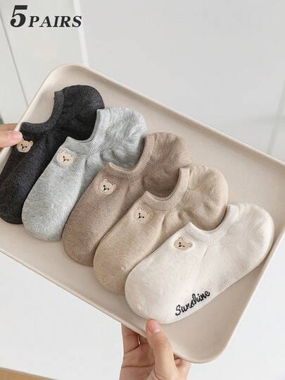 5双女款多色组合黑白灰卡通小熊刺绣春夏百搭款针织透气面料ins风少女风隐形船袜居家通勤派对运动上学节日礼物