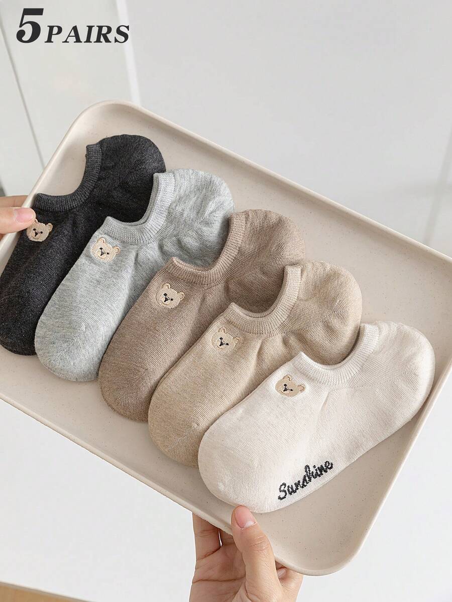 5双女款多色组合黑白灰卡通小熊刺绣春夏百搭款针织透气面料ins风少女风隐形船袜居家通勤派对运动上学节日礼物