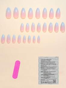 使用 24 件杏仁浅蓝色渐变尖头按压指甲改变您的指甲，中等贴合完美设计亚克力假指甲套装包含 1 件果冻胶和 1 件指甲锉，适合女性和女孩的夏季指甲，可用于日常工作学习和派对使用 - 淺藍色 - 查看 2