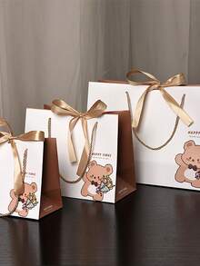 1件/5件可爱卡通熊印花创意手提袋礼品袋带丝带，适合节日、生日、派对、日常礼品包装情人节包装袋 - 彩色 - 查看 4