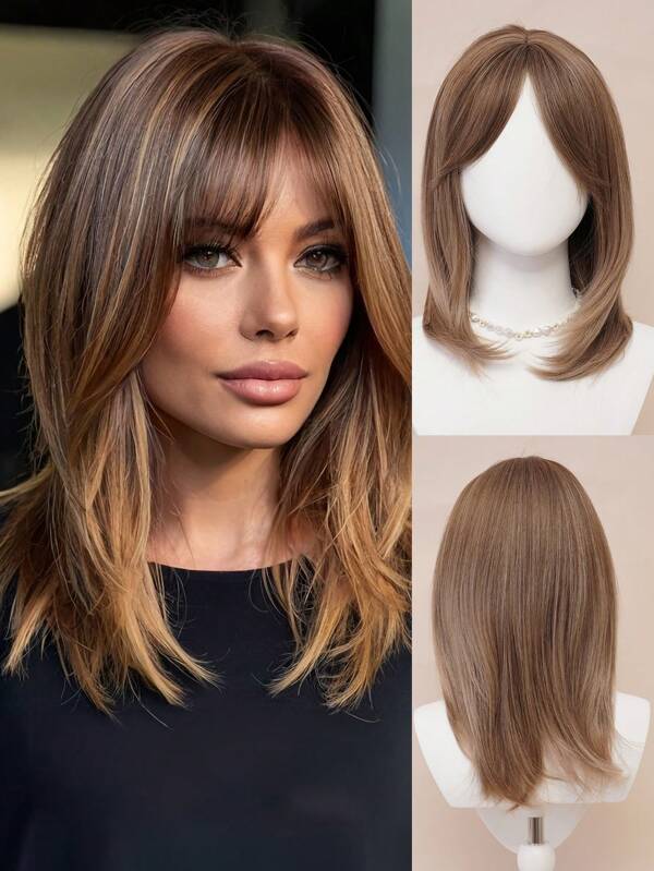 XYUNMI Sweet Elegant Brown Long Straight Wig 20 Inch With Bangs Layered Collarbone Hair Lightweight Breathable Women's Heat Resistant Synthetic Wig Suitable For Daily Wear, Dating And Photoshoot Cosplay Festival Use