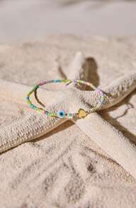 Tropiscape Pulseira de pingentes de joias da moda, 1 peça, coração dourado, branco, esmaltado, mau-olhado, contas coloridas, pulseiras de casal para mulheres, dia dos namorados, mãe, dia das mães, presente, vibrações de férias, férias, relaxamento, praia