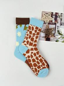 جوارب نسائية متوسطة الطول بتصميم كرتوني ثنائي اللون على طراز AB بتصميم زرافة، أنيقة وجذابة للخريف