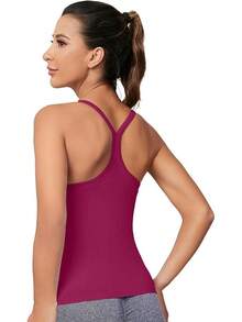 Workout Tops Women With Built In Bra, Sleeveless Gym Tops Seamless Racerback Athletic Yoga Shirts, Activewear - 洋紅紫色 - 查看 2