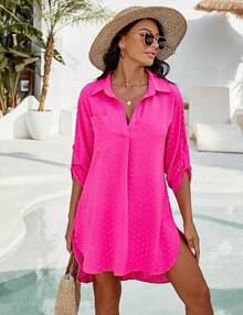 Women Swimsuit Coverups White Chiffon Bikini Swimwear Beach Cover Up Dress Shirt - Đỏ - Xem 2