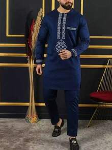 Disqoir 男士 Dashiki 新款两件套全裤装，非洲传统服饰，长袖男士奢华服装，卡夫坦长袍，优雅品牌刺绣。套装 - 藍色 - 查看 1