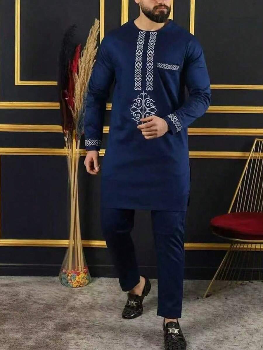 Disqoir 男士 Dashiki 新款两件套全裤装，非洲传统服饰，长袖男士奢华服装，卡夫坦长袍，优雅品牌刺绣。套装 - 藍色 - 查看 1