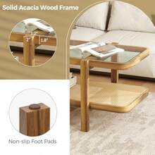Giantex Rattan Coffee Table 47.5" Rectangle Solid Wood With Tempered Glass Top And PE Rattan Storage Shelf Boho Farmhouse Design