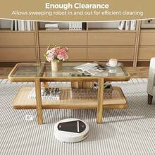 Giantex Rattan Coffee Table 47.5" Rectangle Solid Wood With Tempered Glass Top And PE Rattan Storage Shelf Boho Farmhouse Design