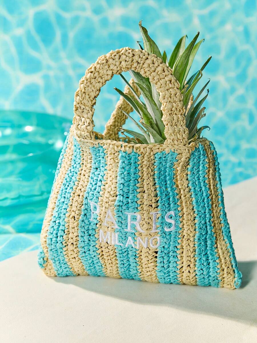 Tropiscape 2025 Nouveau sac en paille tressé rayé fait main Sac de plage de mode d'été pour femmes Sac à main avec broderie de lettre Vacances Plage Automne Hiver Cadeaux Cottagecore, Tenue d'été - Bleu azur - Voir 1