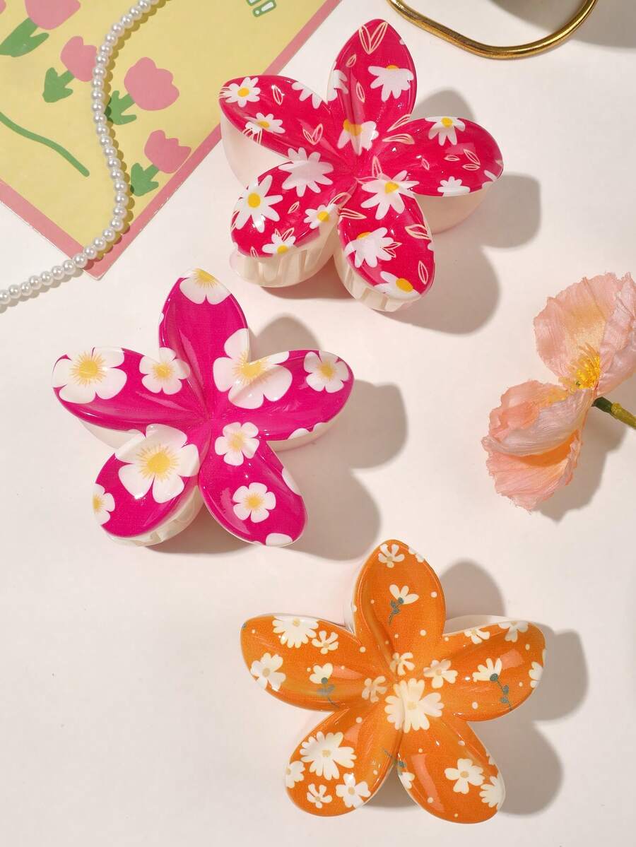 3 件套 ABS 雏菊 UV 印花花卉发夹，清新波西米亚风发夹，适合假日和夏季，橙红色时尚发饰花爪夹波西米亚风发夹 - 彩色 - 查看 1