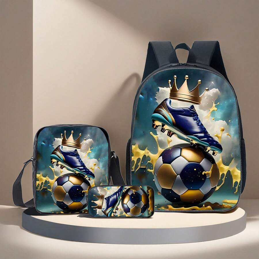 3 件套足球主题 3D 印花背包、斜挎包、铅笔袋、16 英寸书包、户外旅行包 - 黑色 - 查看 1