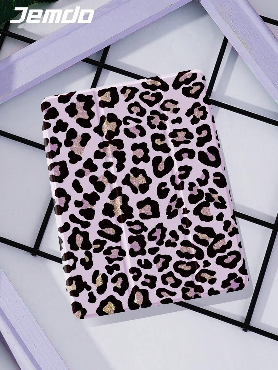 Cheetah,Leopard Print 1pc Glitter Purple Leopard Print Tablet Protective Case With Pencil Slot, Anti-Fall, Support Sleep/Wake, Compatible With IPad