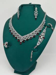 5 pièces/Set Ensemble de bijoux de mariage de luxe pour mariée, femme, fête - Collier, boucles d'oreilles, bracelet, bague, cubique zircone, bleu, blanc, noir, rouge. Idéal pour la fête des mères, la Saint-Valentin