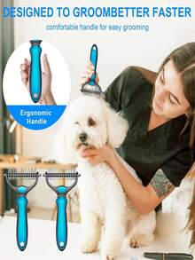 1pc Ergonomic Double-Sided Dog & Cat Deshedding Tool - Comfortable Grip Dematting And Deshedding Brush With Stainless Steel Teeth, Gentle On Skin, Perfect For Long-Haired Breeds, QUEEN DIARY - Multicolor - View 3