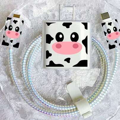 5条/套 卡通牛图案1.4米螺旋绕线器 用于整理线缆和数据线 兼容苹果设备20W/18W快充 保护线缆和适配器
