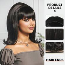 Peluca negra sintética resistente al calor de 14" para mujeres con flequillo plano y ondas rizadas, con gorro de red de rosa y accesorio de disfraz elegante para cosplay, vacaciones, festivales de música, estilo de peinado de 1940, cómodo ajuste del gorro, accesorios para pelucas