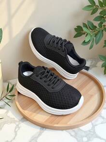Zapatos deportivos tejidos, cómodos y de moda para adolescentes - Suaves, antideslizantes, ligeros para actividades al aire libre, juego, escuela y uso casual - Ideal para pies en crecimiento - Negro - Ver 2